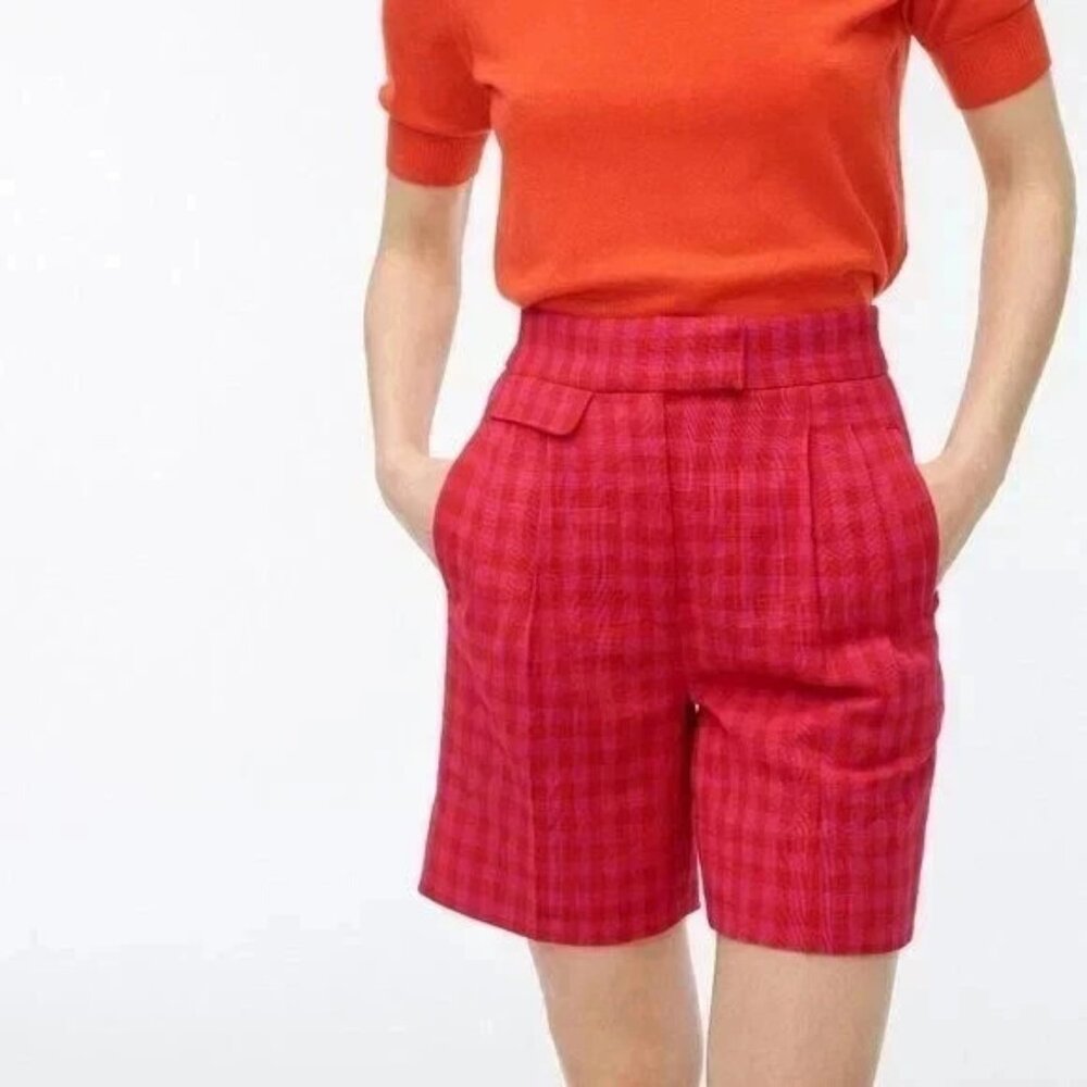 J. Crew Parke Colorful Pleated High Rise Gingham Checked Shorts Pink Red 10 New